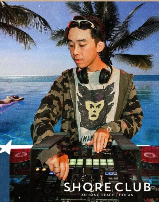 DJ Weedie performing poolside at Shore Club, An Bang Beach in Hoi An, Vietnam